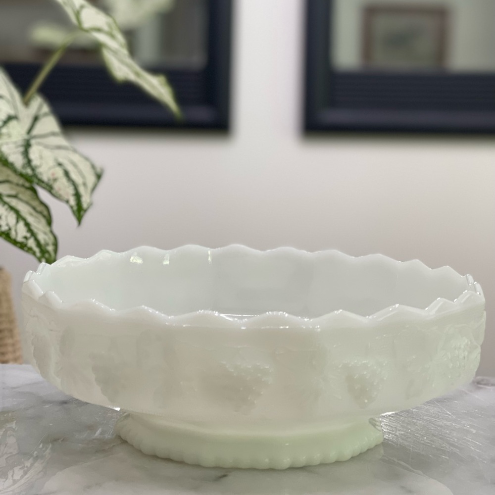 Vintage Anchor Hocking - Fire-King - Milk Glass - Grape Vine Pedestal Bowl